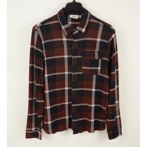 New HEDGE Men's Medium Red Maroon Blue White Flannel Stretch Button Up Shirt
